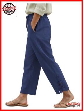 100% Cotton Lace Hem Drawstring Beach Trousers Cropped Palazzo Pants